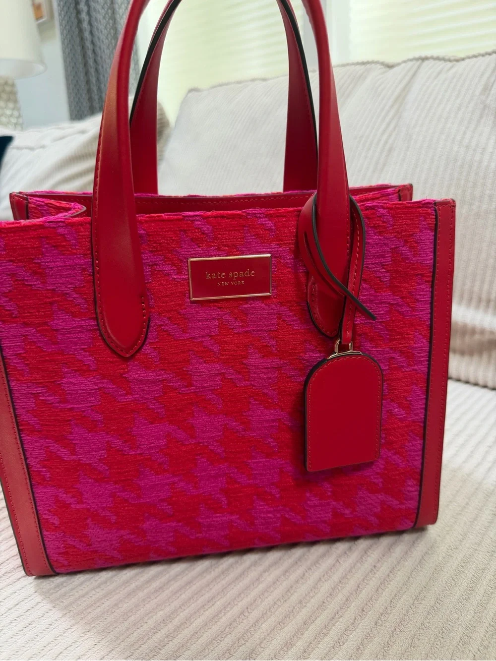 Kate spade Pink and Red Houndstooth Tote with Leather Trim